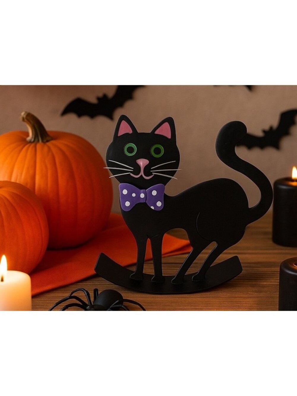 Halloween Black Cat Metal Figurine Rocker Folk Art Style Purple Bow Whimsical